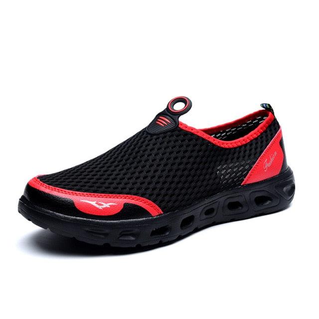 Stevvex men's black mesh slip-on sneakers with red trim breathable summer walking shoes on Tampa Home & Garden Store