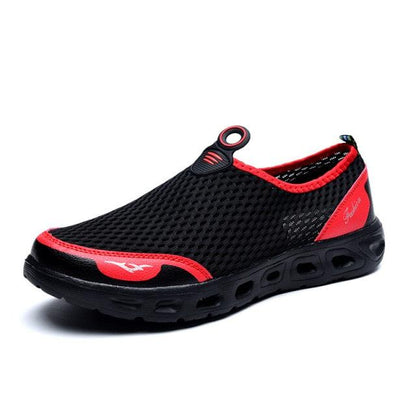 Stevvex men's black mesh slip-on sneakers with red trim breathable summer walking shoes on Tampa Home & Garden Store