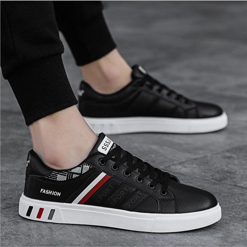 Stevvex men's casual sneakers black leather upper, white vulcanized sole with red side stripe on Tampa Home & Garden Store