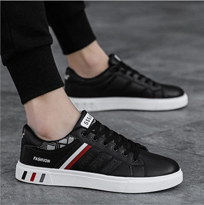 Stevvex men's casual sneakers black leather upper, white vulcanized sole with red side stripe on Tampa Home & Garden Store