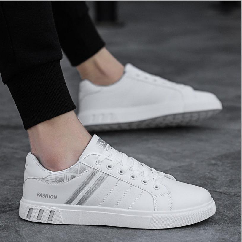 Men's white sneakers with side stripes and vulcanized sole on Tampa Home & Garden Store