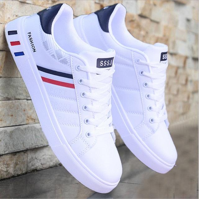 Stevvex men's white sneakers, casual breathable sport shoes with blue red stripe accents on Tampa Home & Garden Store