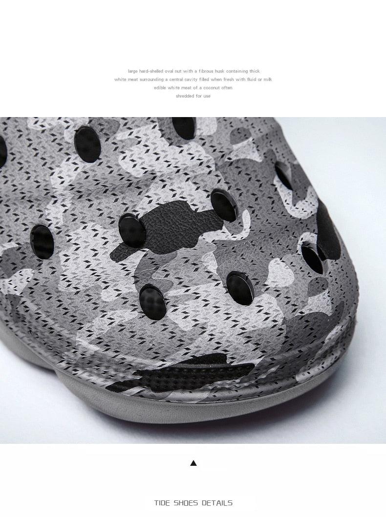 Men's camo garden clog sandal with grey pattern and ventilation holes, slip-on water shoe on Tampa Home & Garden Store