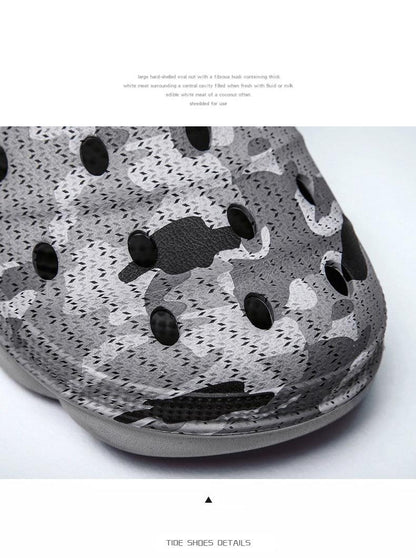 Men's camo garden clog sandal with grey pattern and ventilation holes, slip-on water shoe on Tampa Home & Garden Store