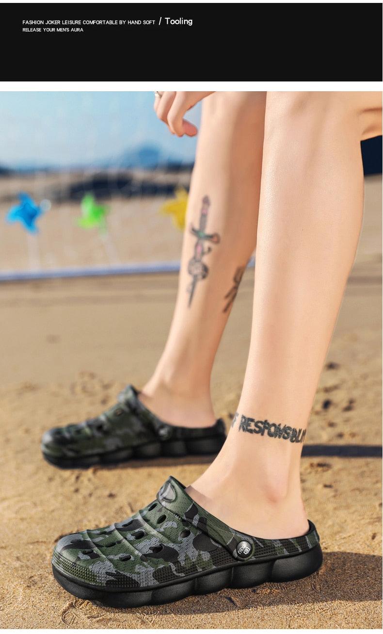 Stevvex camouflage sandals pair, green slip-on clogs with perforated upper and cushioned sole on Tampa Home & Garden Store