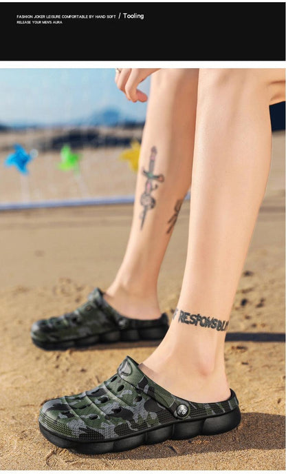 Stevvex camouflage sandals pair, green slip-on clogs with perforated upper and cushioned sole on Tampa Home & Garden Store
