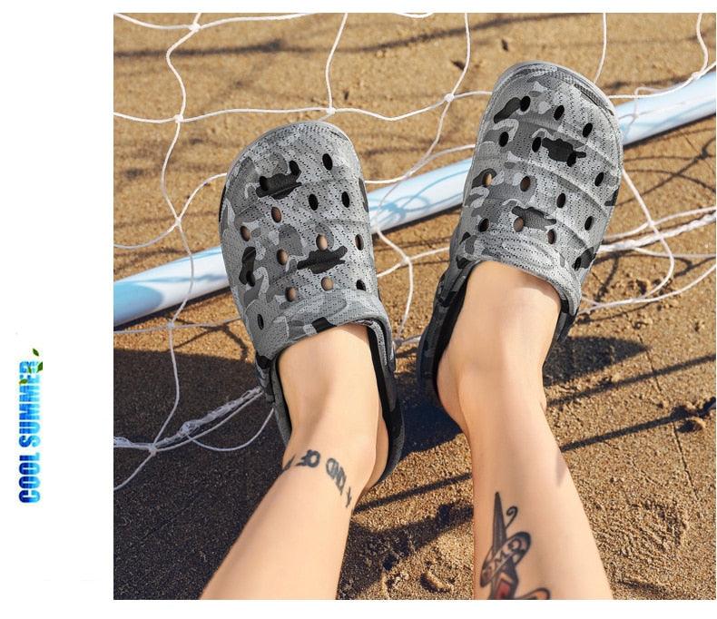 Stevvex men's camo gray sandals with perforated upper, slip-on water sandals on sand on Tampa Home & Garden Store