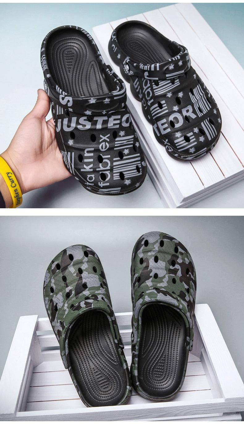 Men's camouflage slip-on sandals in black and green with perforated upper and ridged footbed on Tampa Home & Garden Store
