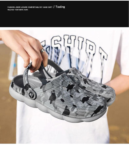 Stevvex men's camouflage slip-on sandals with memory foam sole and anti-skid gray camo on Tampa Home & Garden Store
