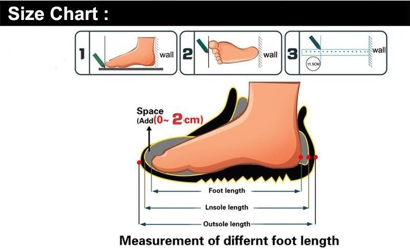 Stevvex men's casual sandals size chart with foot diagram and measurement guide on Tampa Home & Garden Store