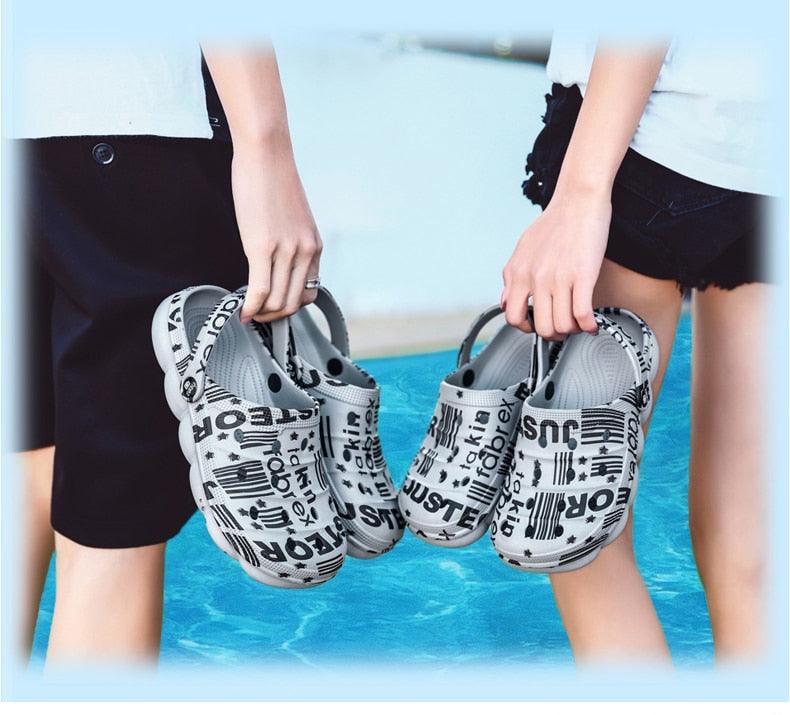 Stevvex men's casual sandals gray camouflage text pattern, 2 pairs shown for water use on Tampa Home & Garden Store