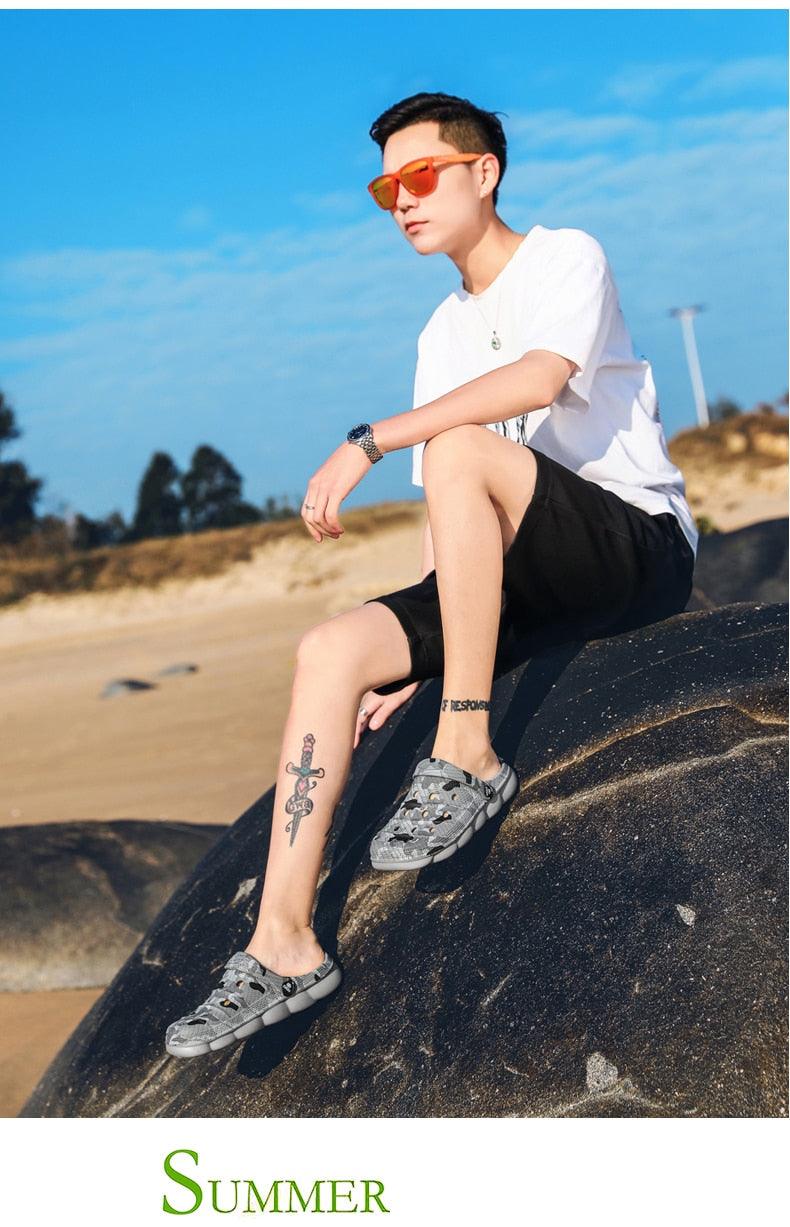 Men's grey camouflage slip-on sandals with anti-skid sole for beach and water use on Tampa Home & Garden Store