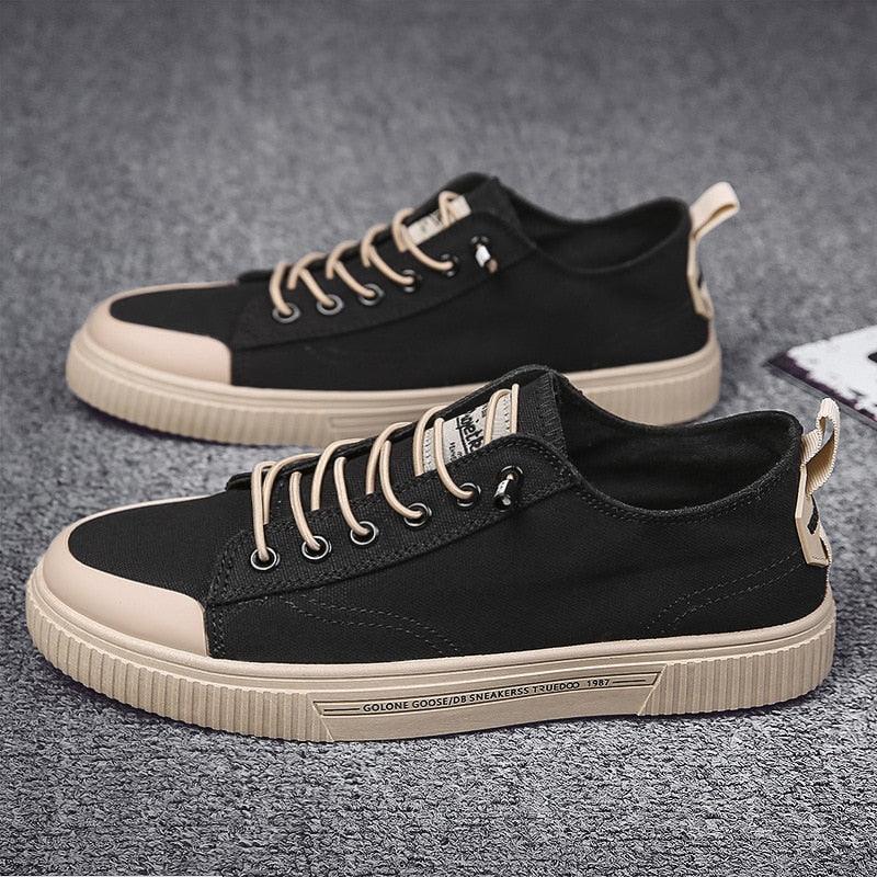 Stevvex men's black canvas sneakers with beige sole and toe cap, lace-up casual pair on Tampa Home & Garden Store