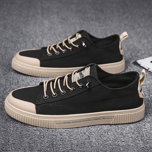 Stevvex men's black canvas sneakers with beige sole and toe cap, lace-up casual pair on Tampa Home & Garden Store