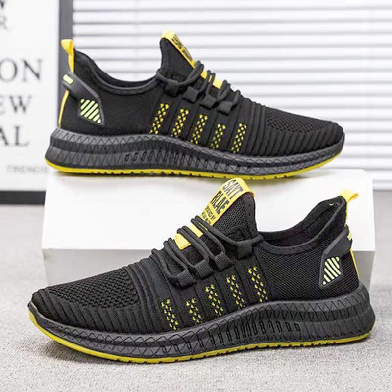 Stevvex men's sneakers black breathable mesh with yellow sole athletic casual trainers on Tampa Home & Garden Store