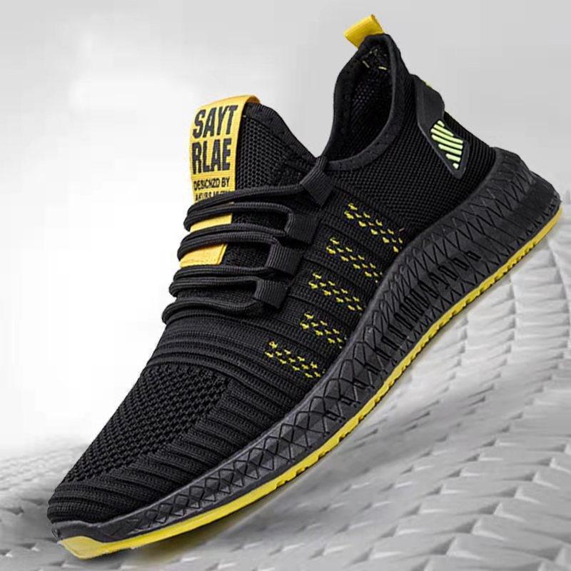 Mens fashion sneakers Stevvex breathable mesh black with yellow accents non-slip on Tampa Home & Garden Store