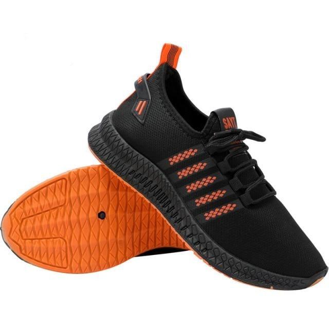 Stevvex black mesh sneakers with orange sole, breathable lightweight trainers on Tampa Home & Garden Store