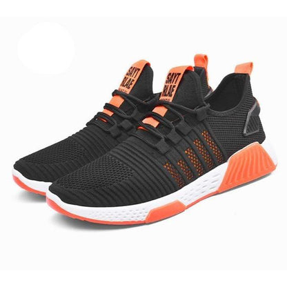Stevvex men's black mesh sneakers with orange sole, breathable trainers, 2 sneakers on Tampa Home & Garden Store