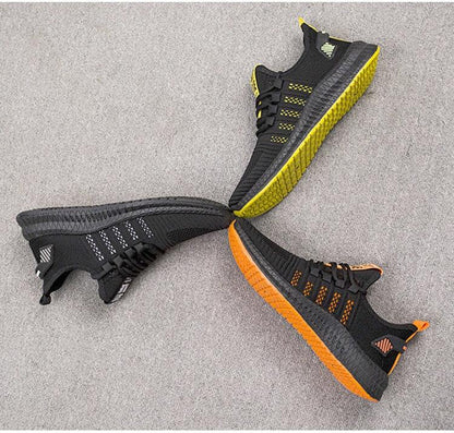 Stevvex men's breathable mesh sneakers with orange and lime soles, 3 sneakers shown on Tampa Home & Garden Store