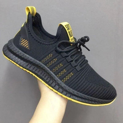 Stevvex men's black mesh sneakers with yellow sole; breathable lightweight casual shoes on Tampa Home & Garden Store