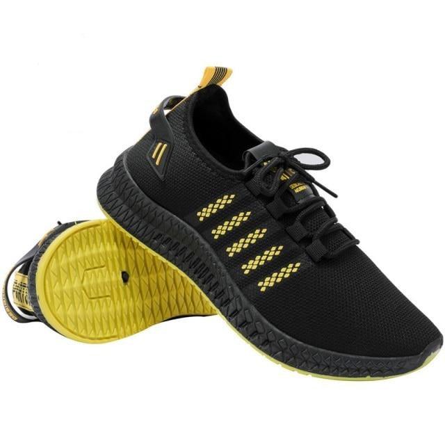 Stevvex men's breathable mesh sneakers black upper with yellow sole lightweight gym shoes on Tampa Home & Garden Store