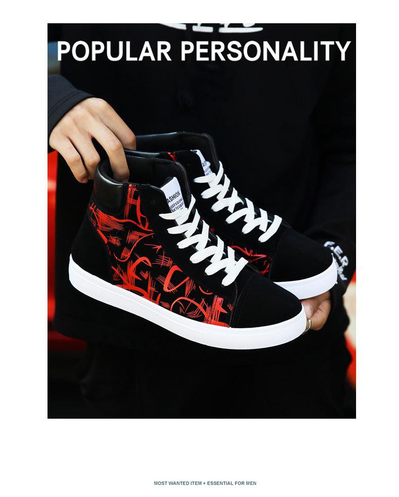 Stevvex men canvas sneakers high-top, black with red graphic panels, white laces and sole on Tampa Home & Garden Store