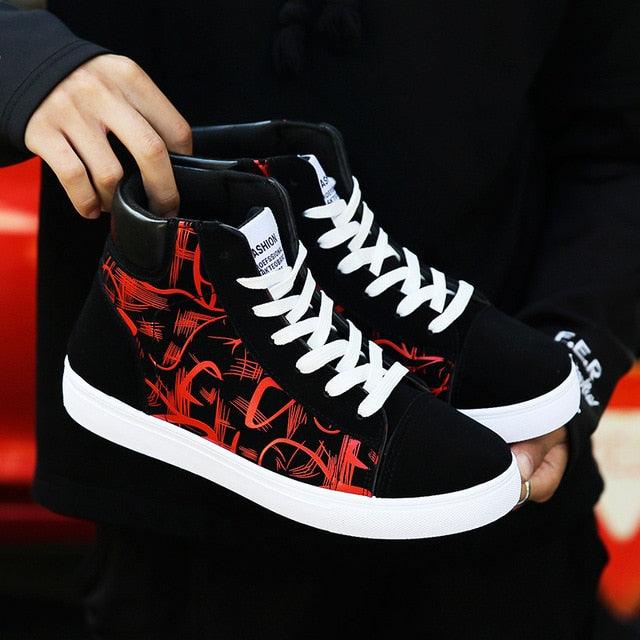 Stevvex men canvas sneakers, black upper with red graphic pattern, white laces and sole on Tampa Home & Garden Store