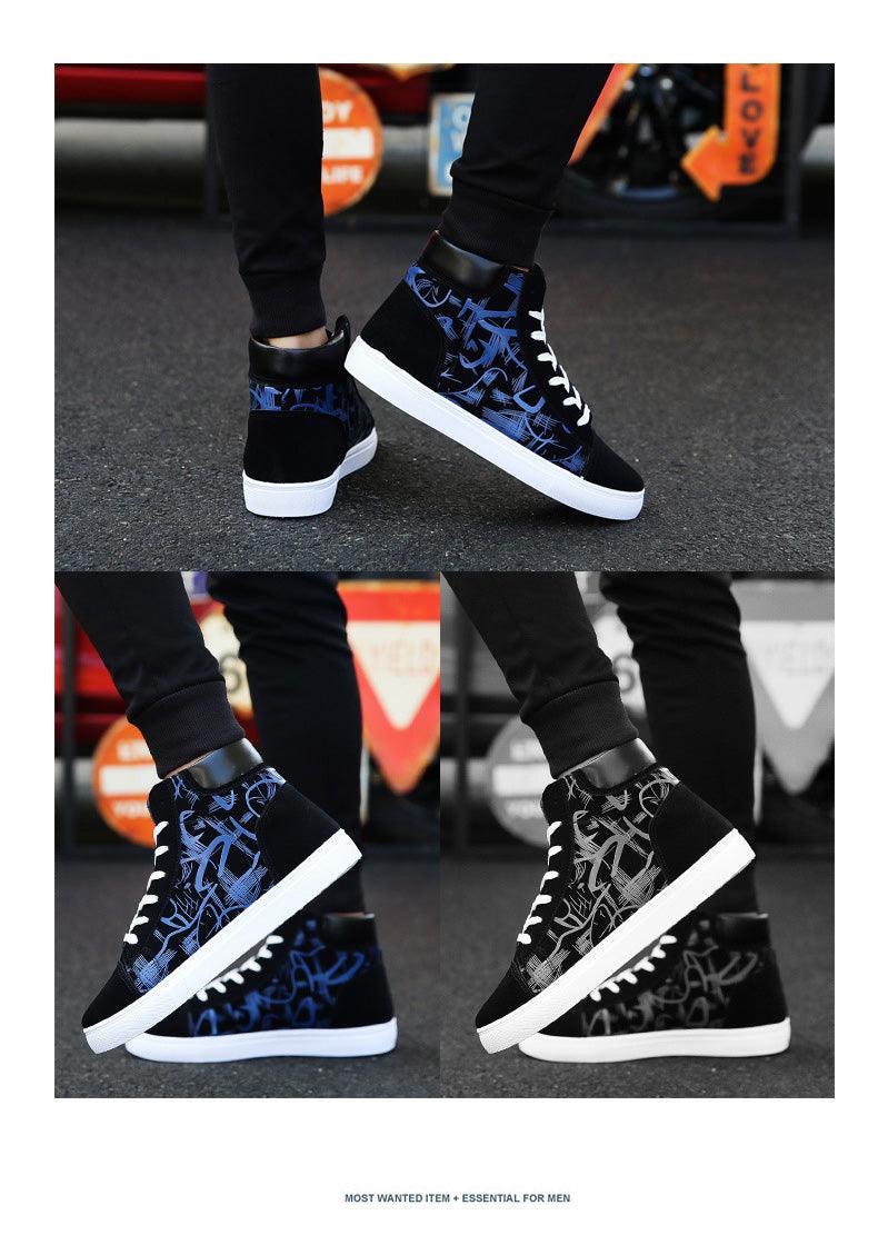 Stevvex men's canvas high-top sneakers in black with blue graffiti print, white laces and sole on Tampa Home & Garden Store