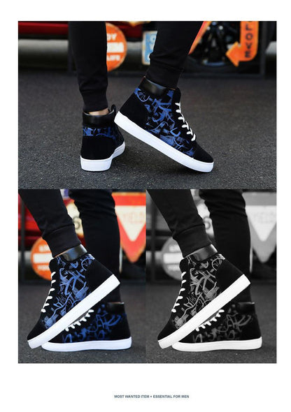 Stevvex men's canvas high-top sneakers in black with blue graffiti print, white laces and sole on Tampa Home & Garden Store