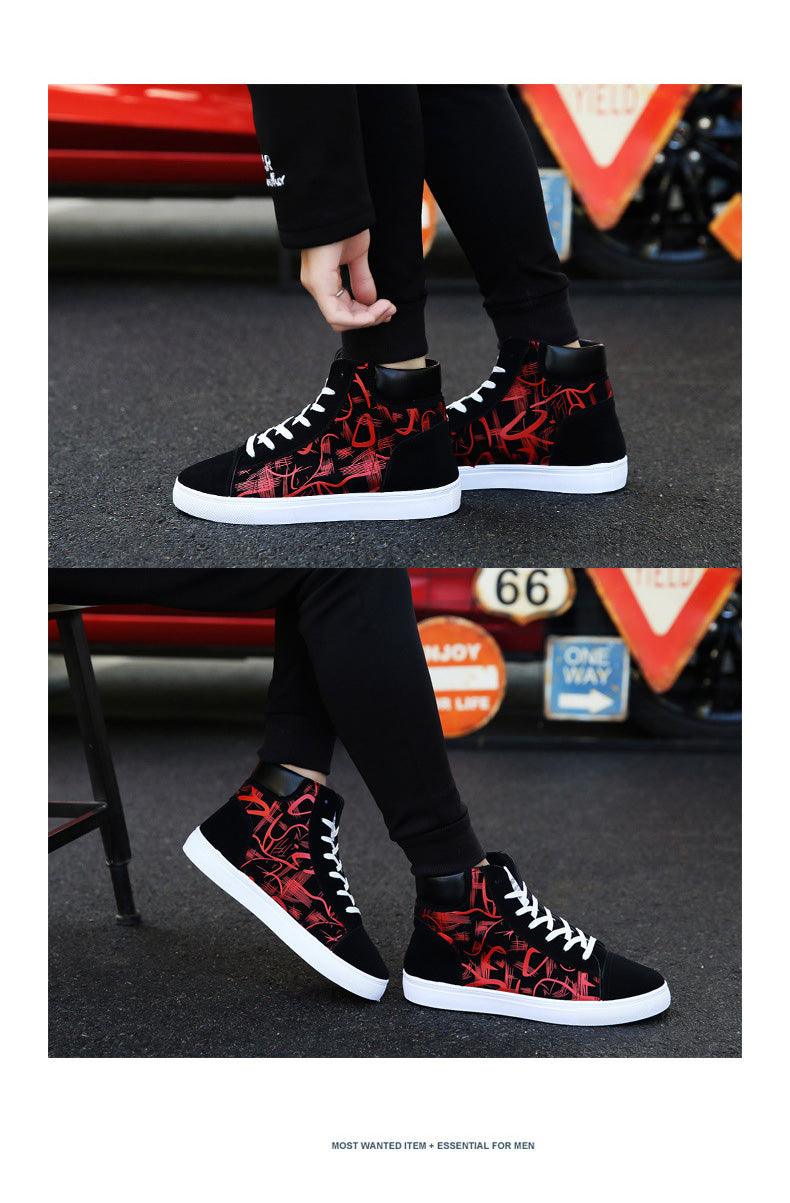 Men Canvas Sneakers by Stevvex high-top black with red graffiti, white sole and laces on Tampa Home & Garden Store