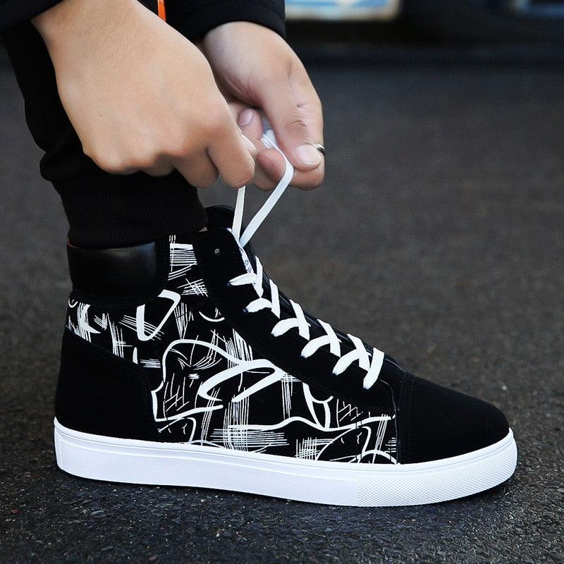 Stevvex men canvas sneakers high-top black with white graffiti print and white sole on Tampa Home & Garden Store