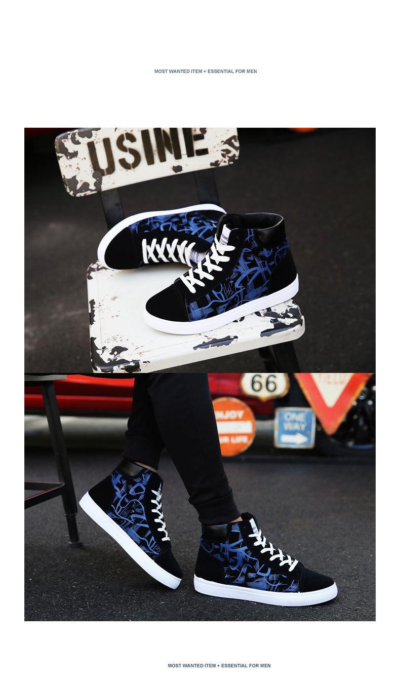 Stevvex men canvas sneakers high-top with black base and blue graffiti, white laces ST85SH7800QCB on Tampa Home & Garden Store