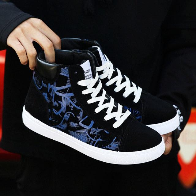 Stevvex Men Canvas Sneakers pair, black high-tops with blue graphic side panels and white laces on Tampa Home & Garden Store