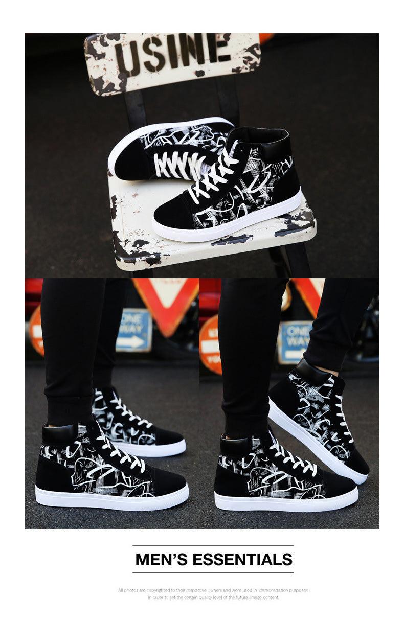 Stevvex men's canvas high-top sneakers with black and white graphic print, white sole on Tampa Home & Garden Store