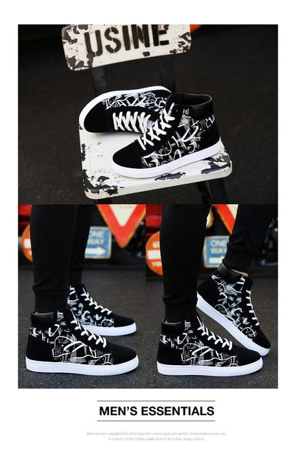 Stevvex men's canvas high-top sneakers with black and white graphic print, white sole on Tampa Home & Garden Store