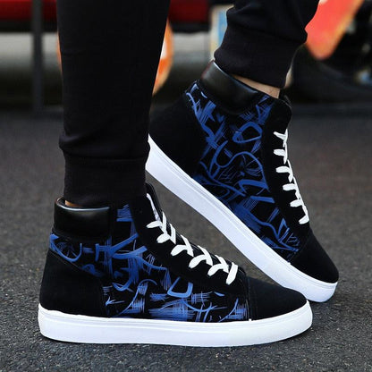 Men canvas sneakers Stevvex blue abstract pattern high-top with white sole breathable comfort on Tampa Home & Garden Store