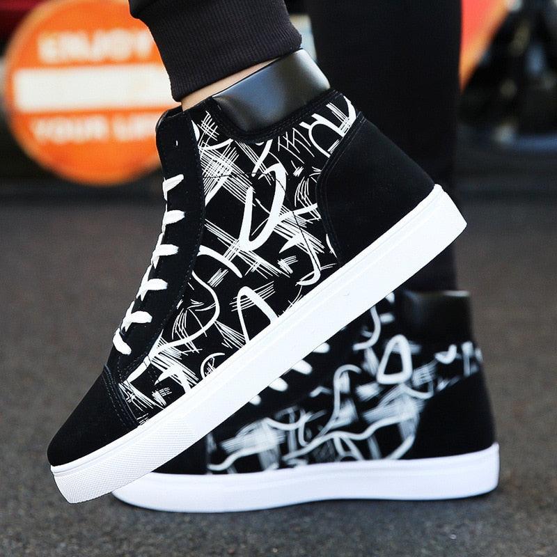 Stevvex men canvas sneakers high-top with black graffiti pattern and white sole pair on Tampa Home & Garden Store