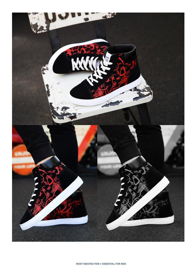 Stevvex men canvas sneakers high-top, black with red graffiti print, 3 colorways on Tampa Home & Garden Store