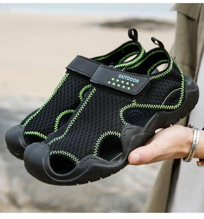 Stevvex men's black outdoor sandals with neon green stitching, breathable mesh, slip-on design on Tampa Home & Garden Store