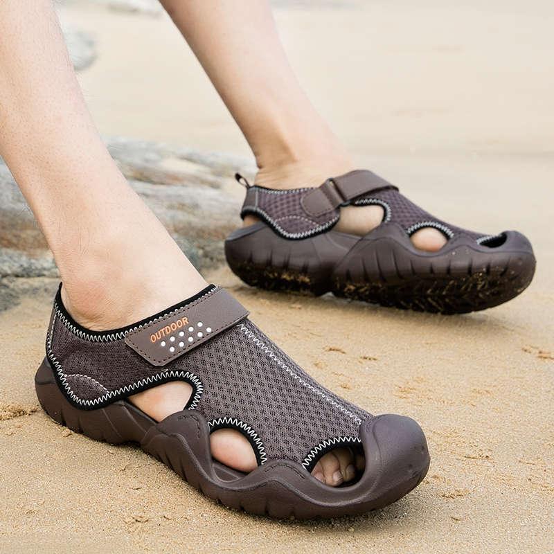 Men Stevvex sandals pair brown breathable mesh with adjustable straps on beach on Tampa Home & Garden Store