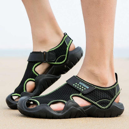 Men's outdoor sandals Stevvex pair with black mesh upper and lime green stitching on Tampa Home & Garden Store