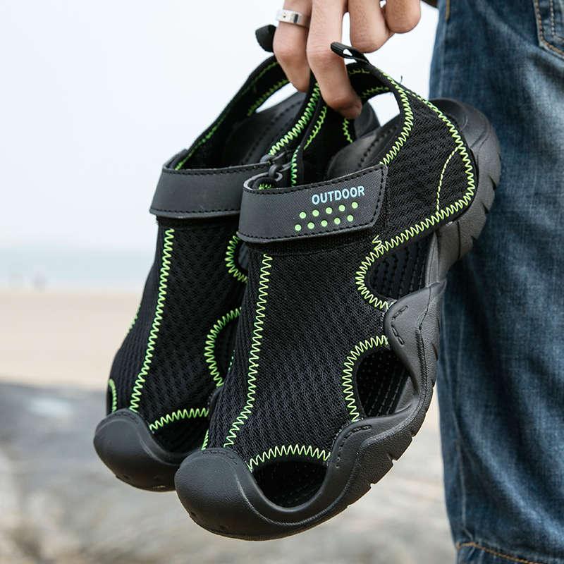 Men's outdoor sandals Stevvex, black breathable mesh with neon green stitching, adjustable strap on Tampa Home & Garden Store