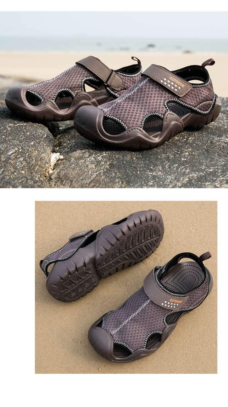Men's Stevvex outdoor sandals brown breathable mesh upper with strap closure and rugged sole on Tampa Home & Garden Store