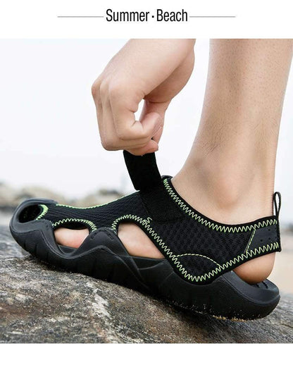 Stevvex men's sandals breathable black mesh with lime green stitching, open-toe slip-on on Tampa Home & Garden Store