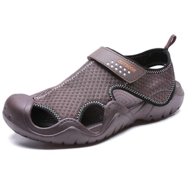 Stevvex men's outdoor sandals with breathable mesh, purple-gray upper and Velcro strap on Tampa Home & Garden Store