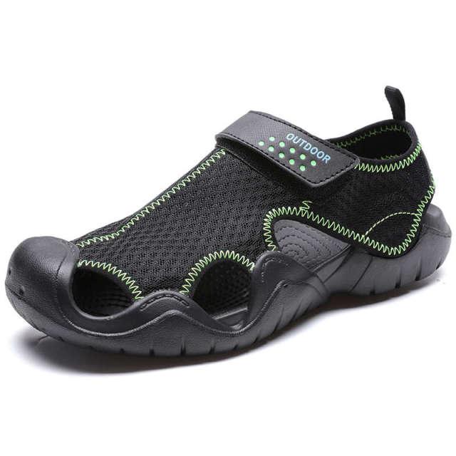 Men's outdoor slip-on sandals black mesh with lime stitching grippy outsole on Tampa Home & Garden Store
