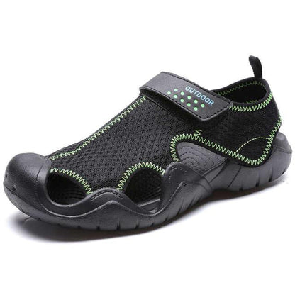 Men's outdoor slip-on sandals black mesh with lime stitching grippy outsole on Tampa Home & Garden Store