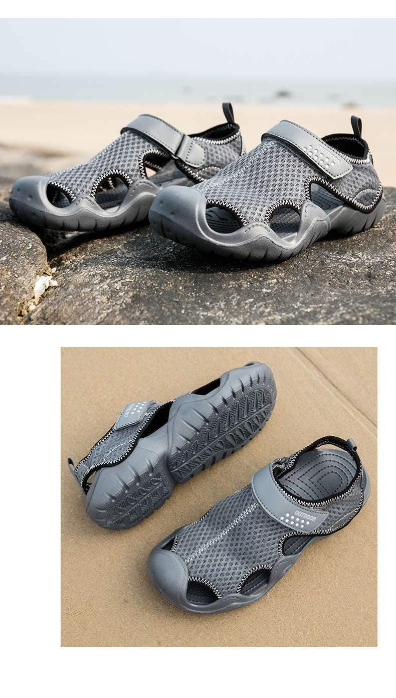 Stevvex men's gray breathable mesh sandals with Velcro strap and rugged sole for outdoor use on Tampa Home & Garden Store
