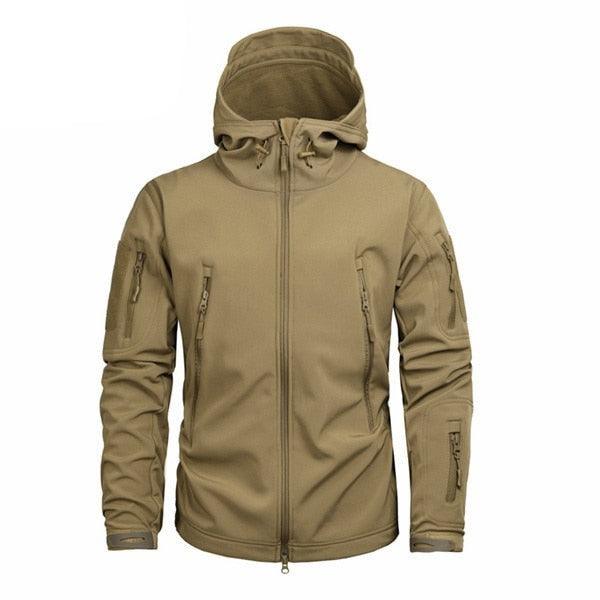 Men's tan lightweight windbreaker jacket with hood and multiple zip pockets on Tampa Home & Garden Store