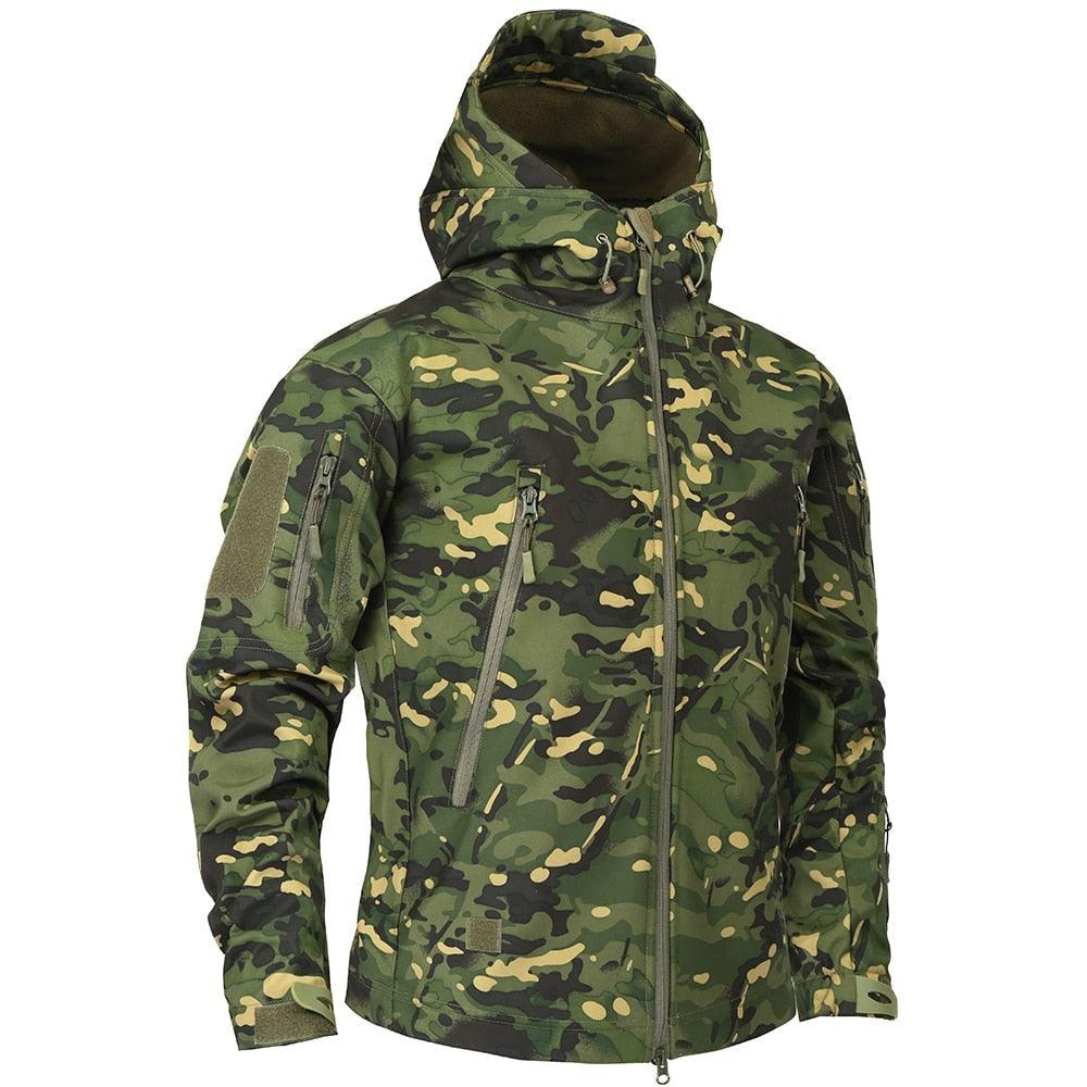 Men's green camo windbreaker jacket with hood and zip pockets, lightweight water-resistant fabric on Tampa Home & Garden Store